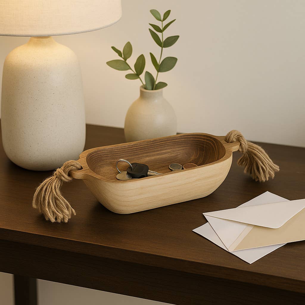 Decorative Tray - Brown Wood Oval with Tassels