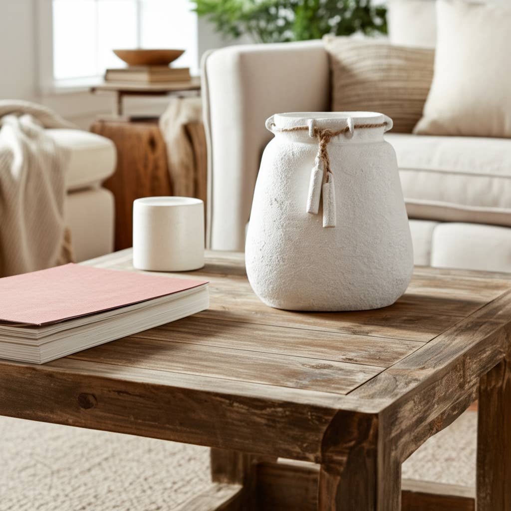 White Ceramic Wide Vase Woven with Jute