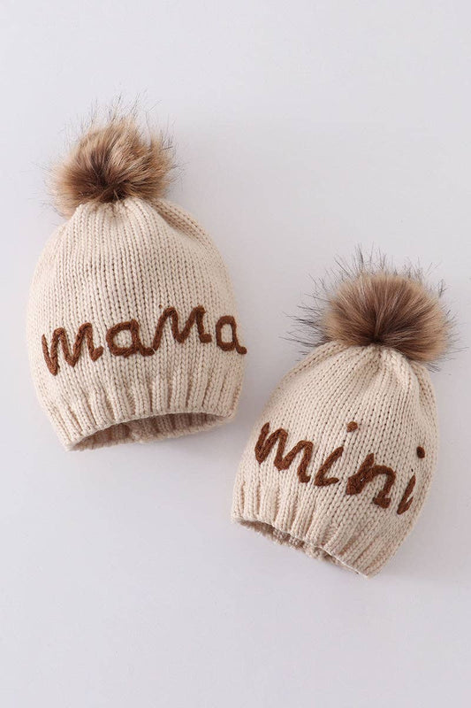 Hand embroidered pom pom beanie hat mama and mini set