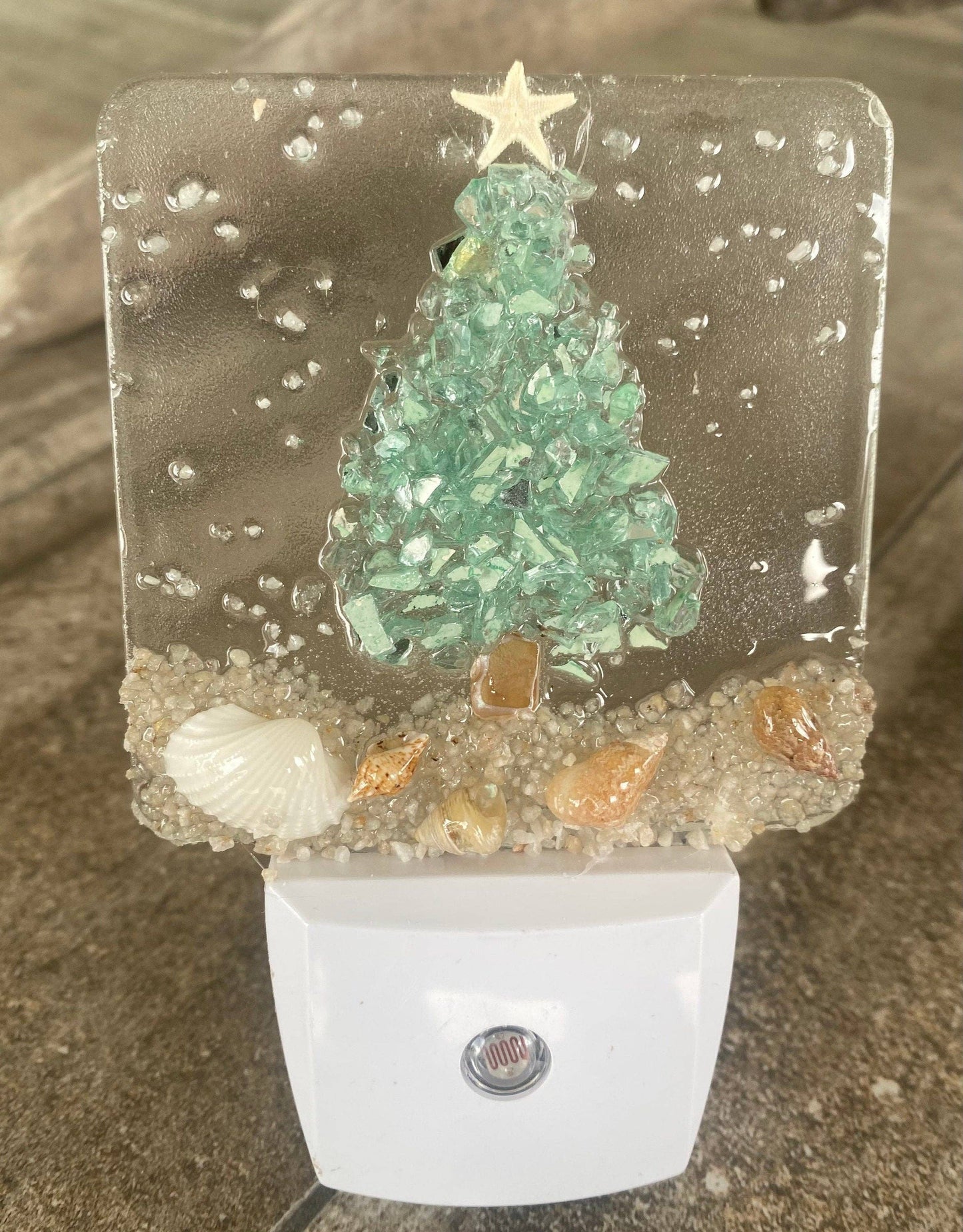Coastal Christmas tree aqua night light with shells on the beach