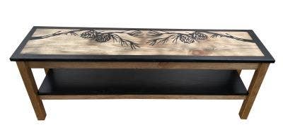 Wood Bench With Etched Pine Branch Top And Shelf