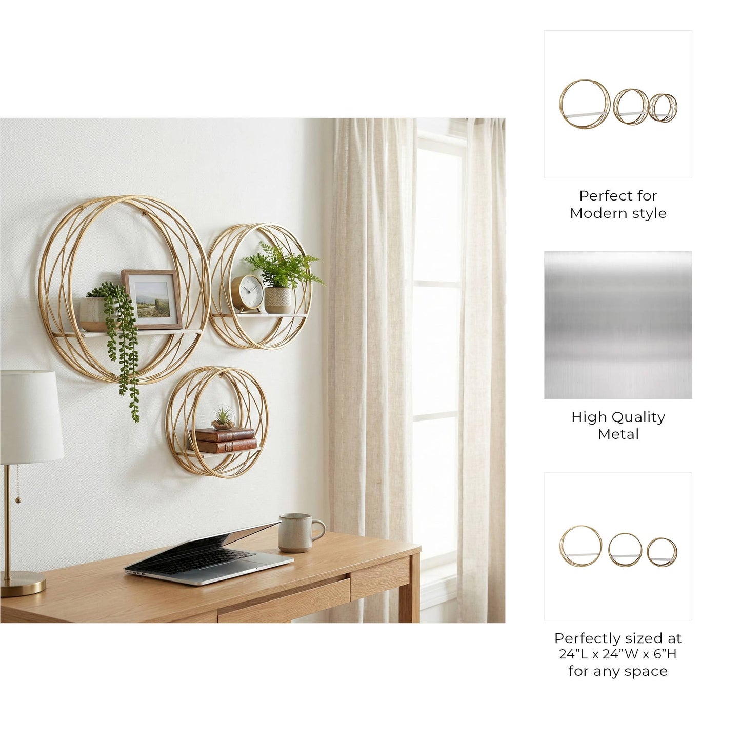 Wall Shelves White Metal Round Frame, set of 3