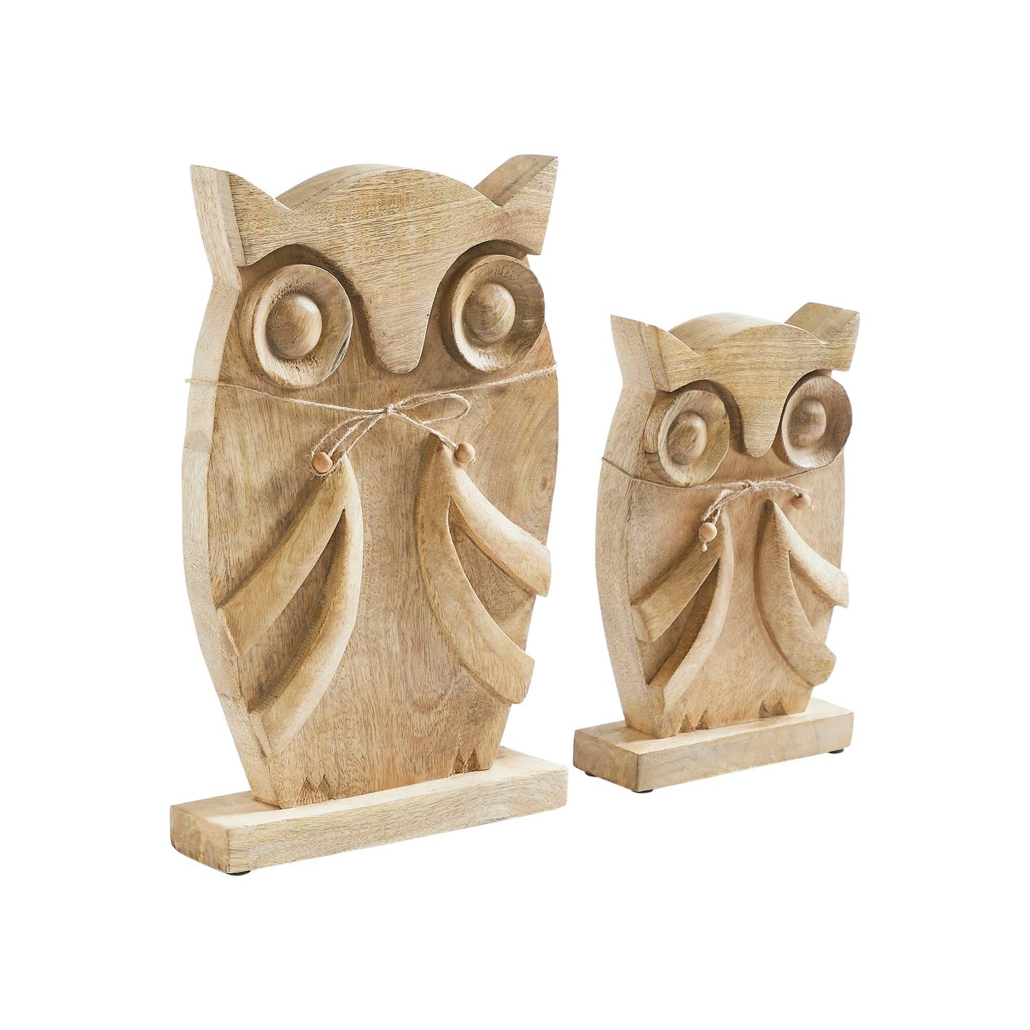 Carved Wood Owl Natural Figurine Set, 2-Piece Fall Decor