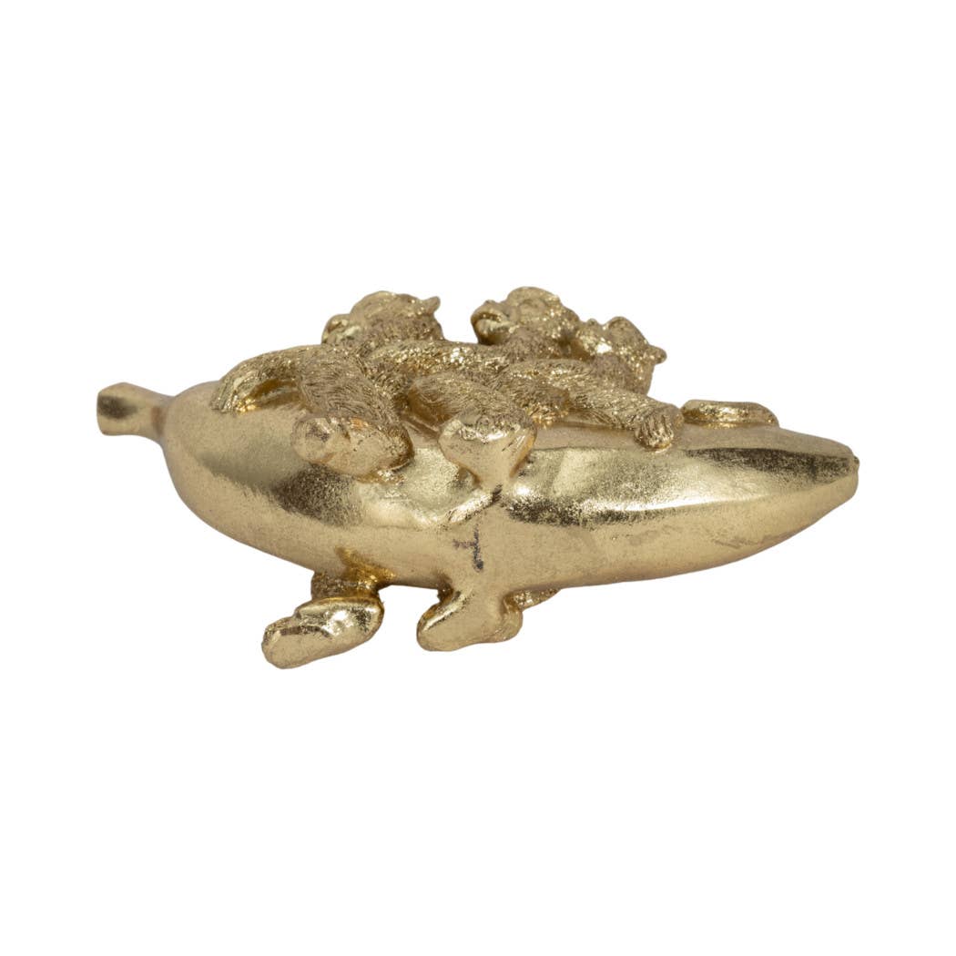 Figurine - Gold Resin Three Monkeys on Banan, 8 in.