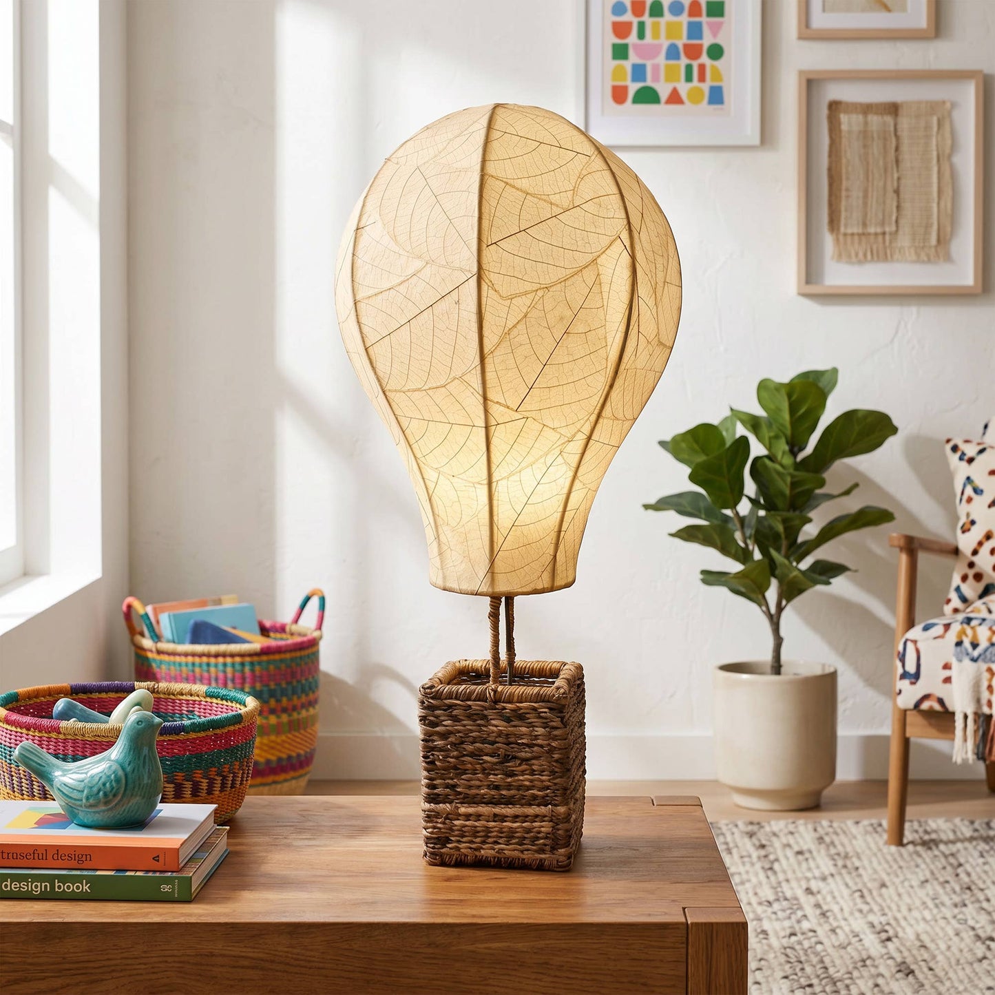 Hot Air Balloon Table Lamp Natural, Shade Made of Leaves