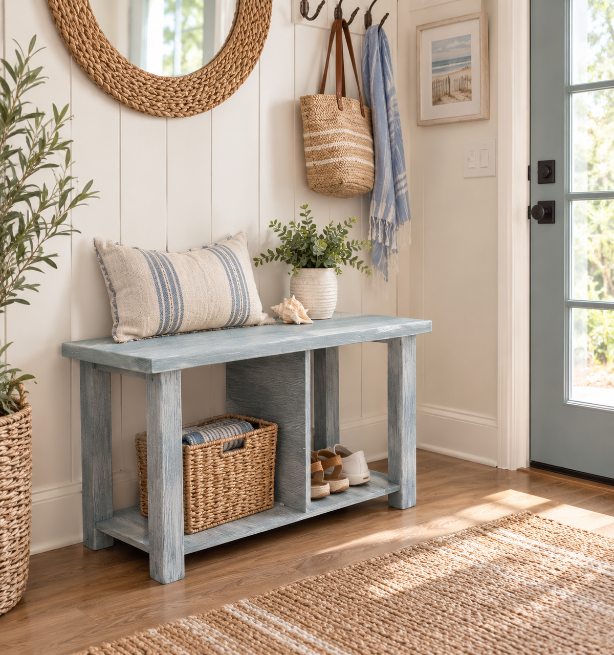 Coastal Blue Rough Sawn Bench with Cubby
