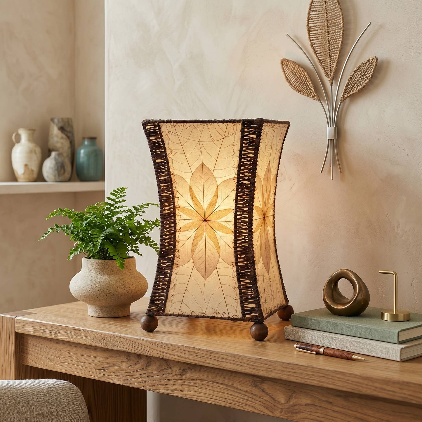 Hourglass Table Lamp Natural, Shade Made of Jackfruit Leaves
