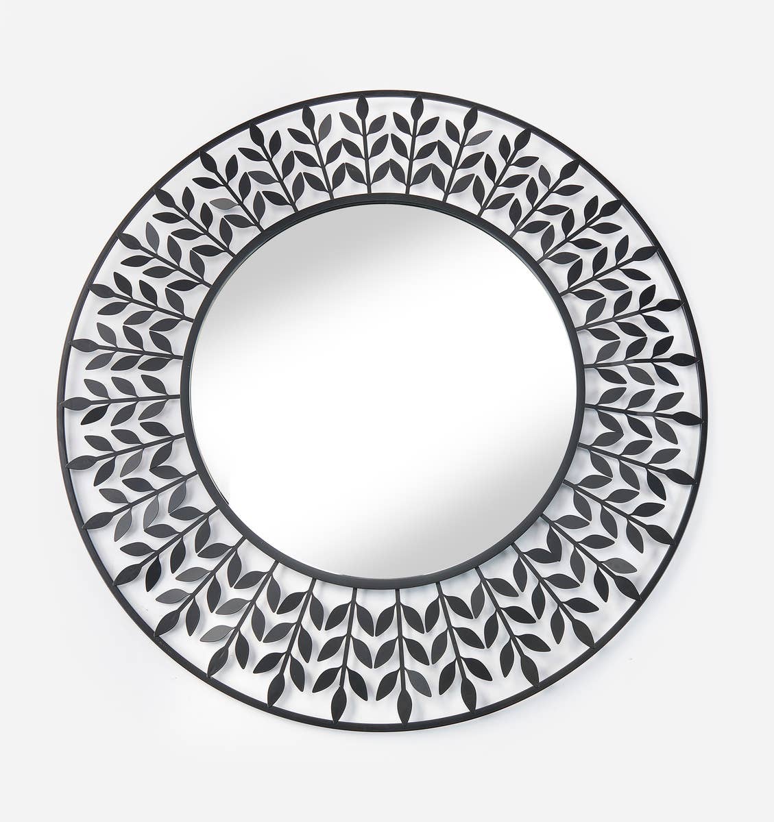 Round Black Wall Mirror w/Leaf Design