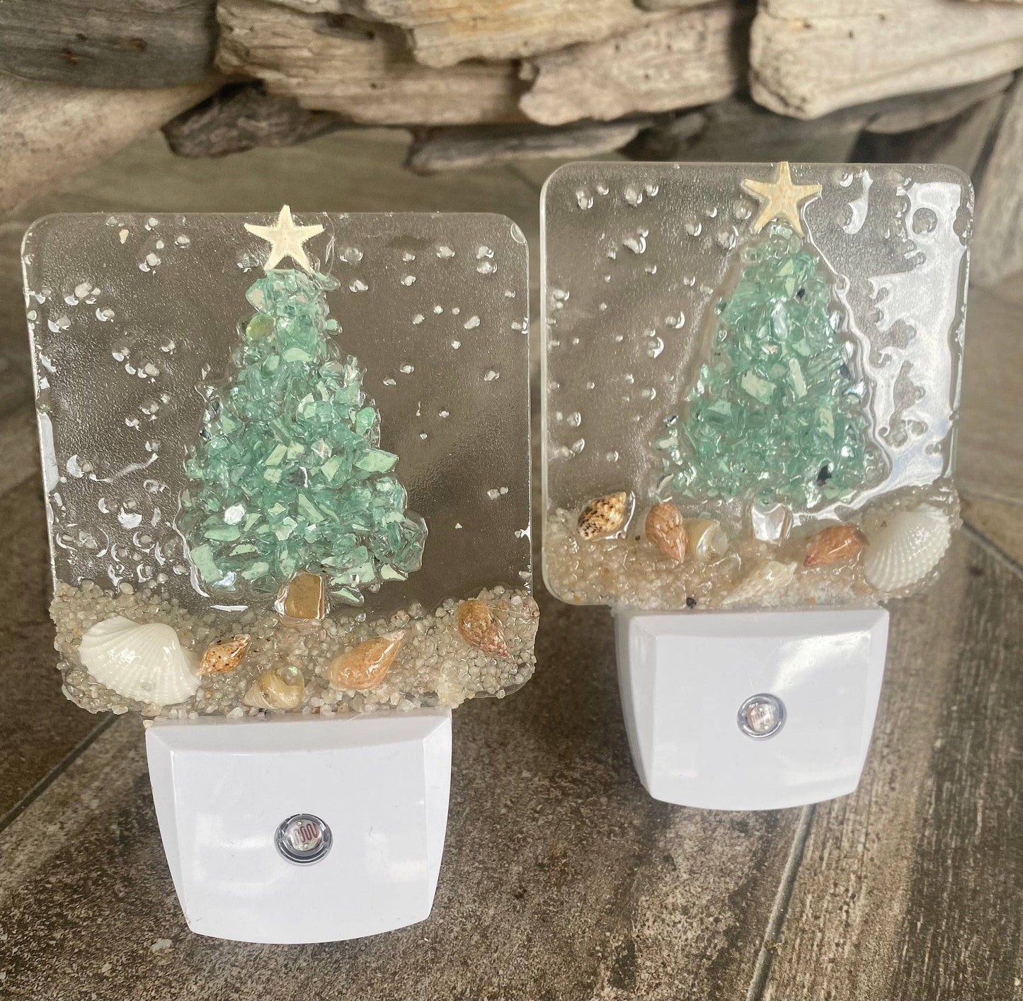 Coastal Christmas tree aqua night light with shells on the beach