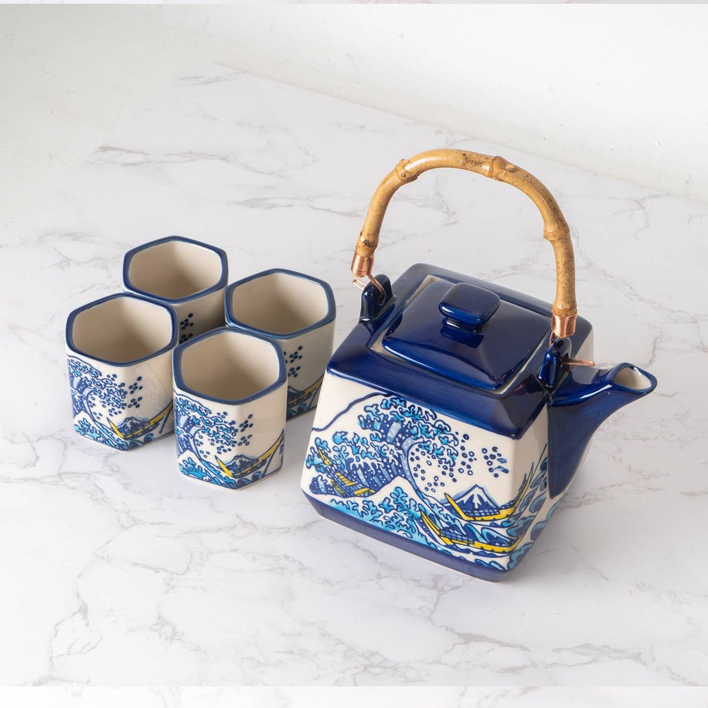 Great Wave Tea Set 20oz Tea Pot with 4 Hexagon Cups