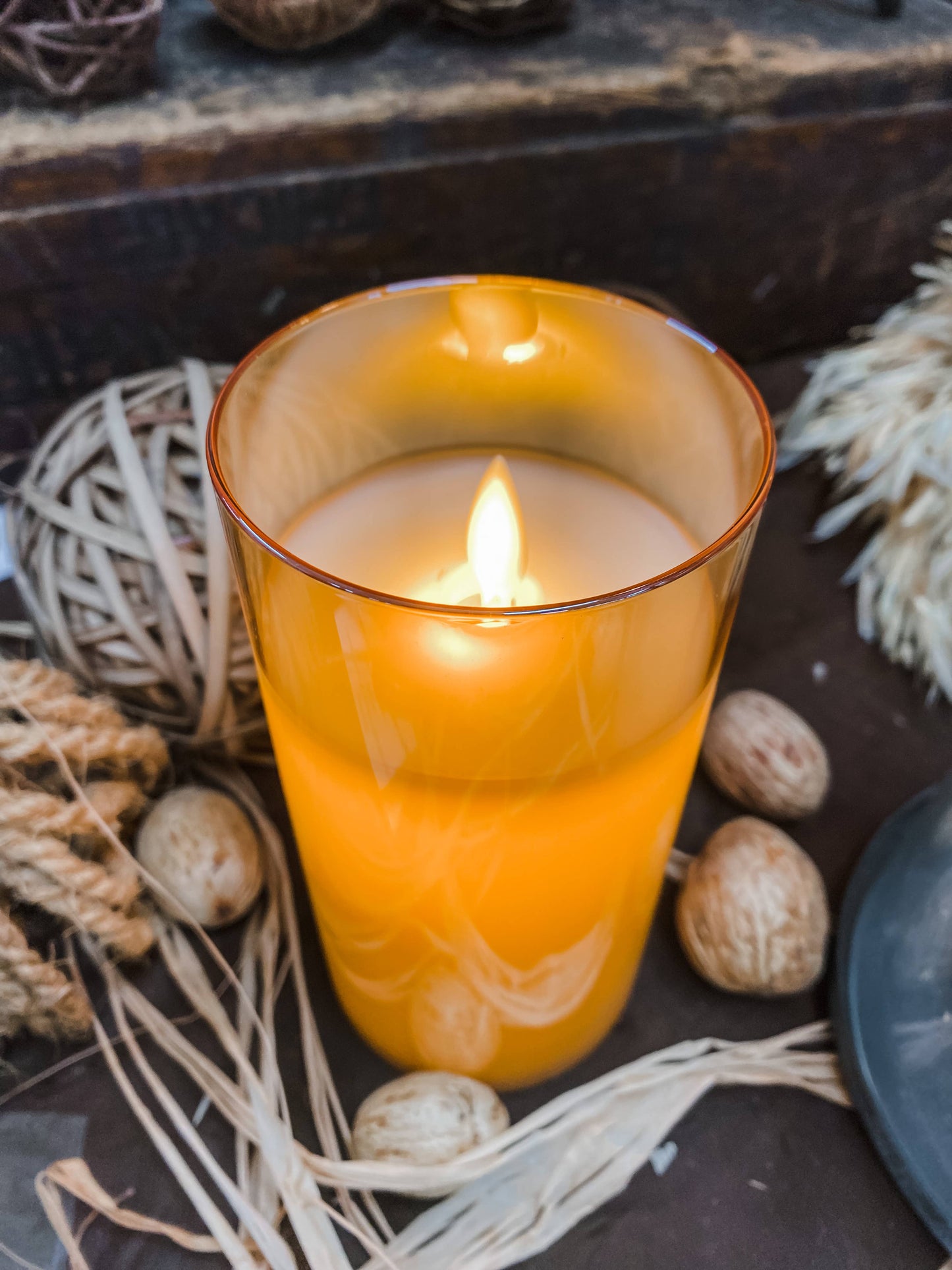 Amber Glass Cylinder Moving Flame LED Candle 3x6in