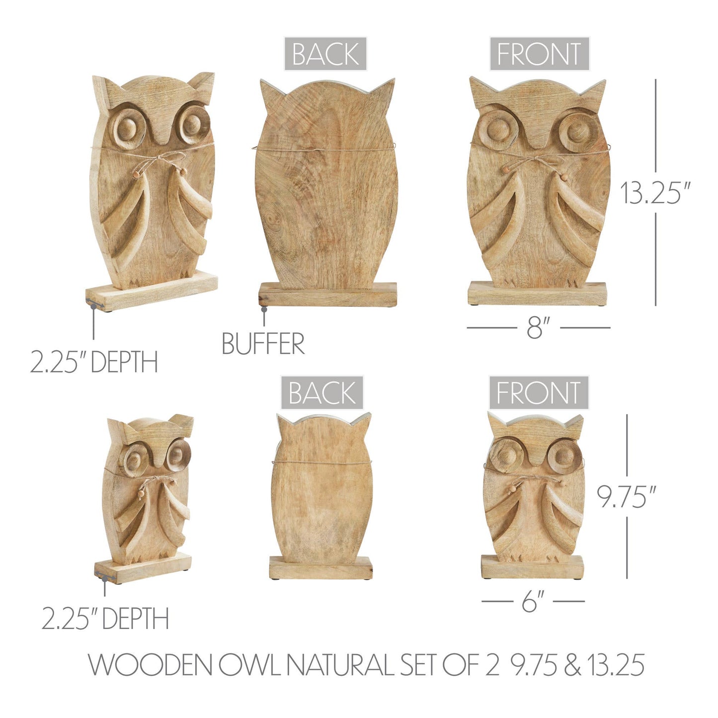 Carved Wood Owl Natural Figurine Set, 2-Piece Fall Decor