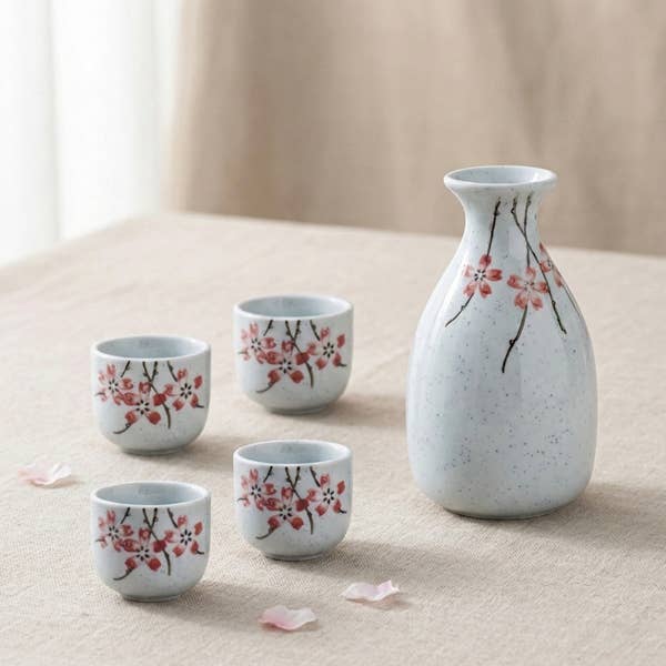 Porcelain Cherry Blossom Sake Set