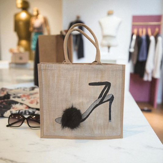 Black Pom Stiletto Jute Tote