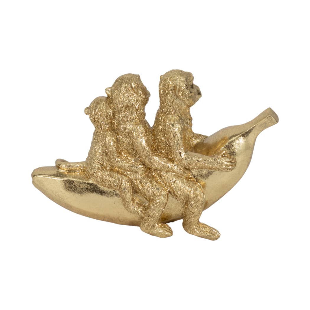 Figurine - Gold Resin Three Monkeys on Banan, 8 in.