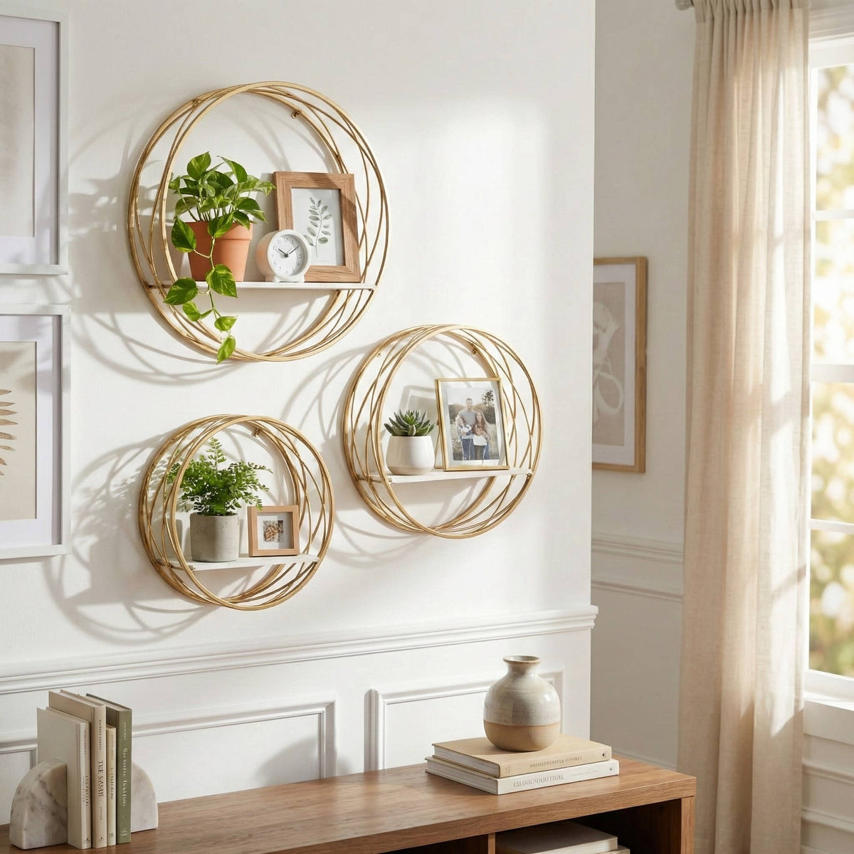 Wall Shelves White Metal Round Frame, set of 3