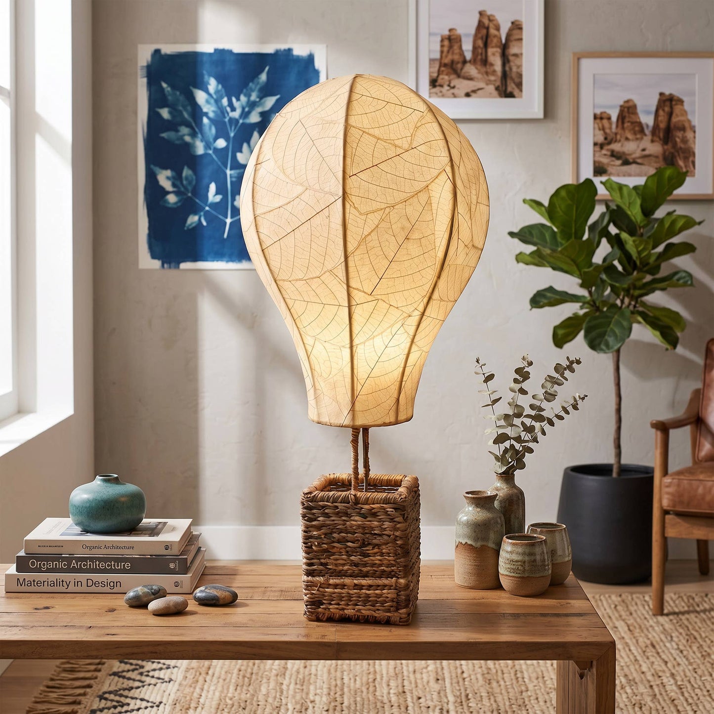 Hot Air Balloon Table Lamp Natural, Shade Made of Leaves