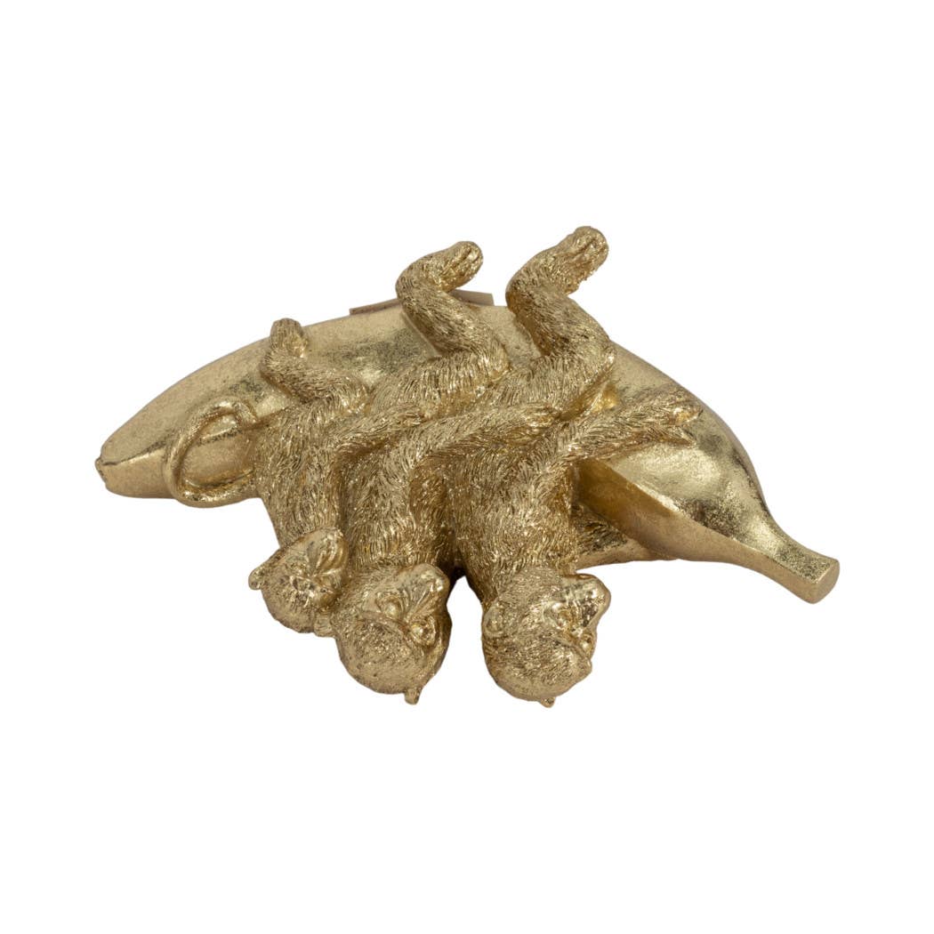 Figurine - Gold Resin Three Monkeys on Banan, 8 in.