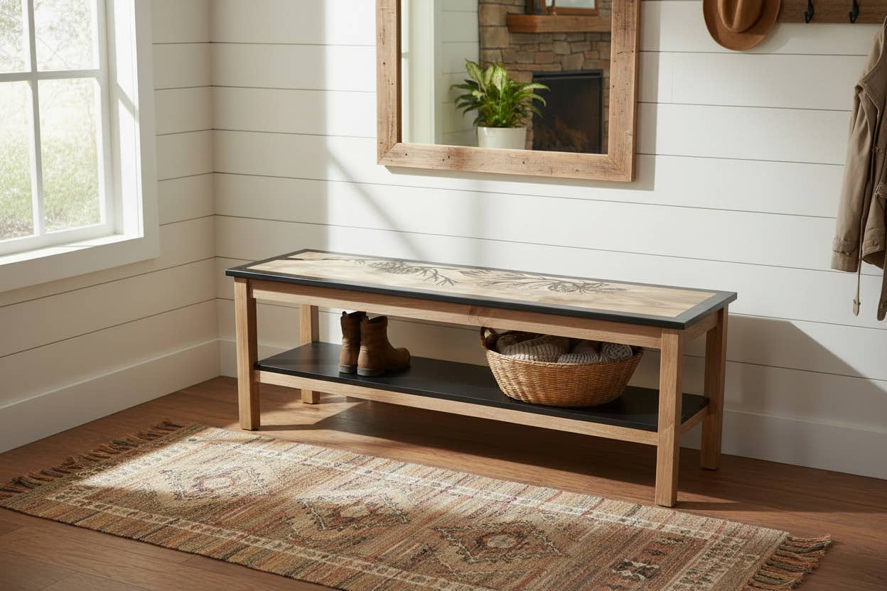 Wood Bench With Etched Pine Branch Top And Shelf