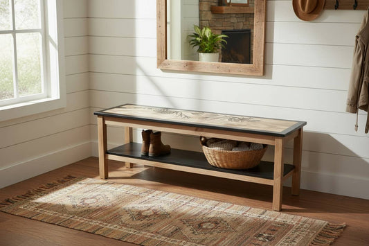 Wood Bench With Etched Pine Branch Top And Shelf
