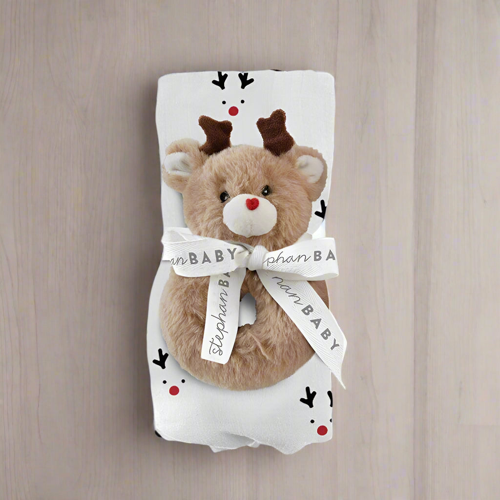 Swaddle Blanket and Plush Reindeer Rattle - Reindeer
