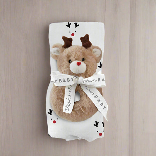 Swaddle Blanket and Plush Reindeer Rattle - Reindeer
