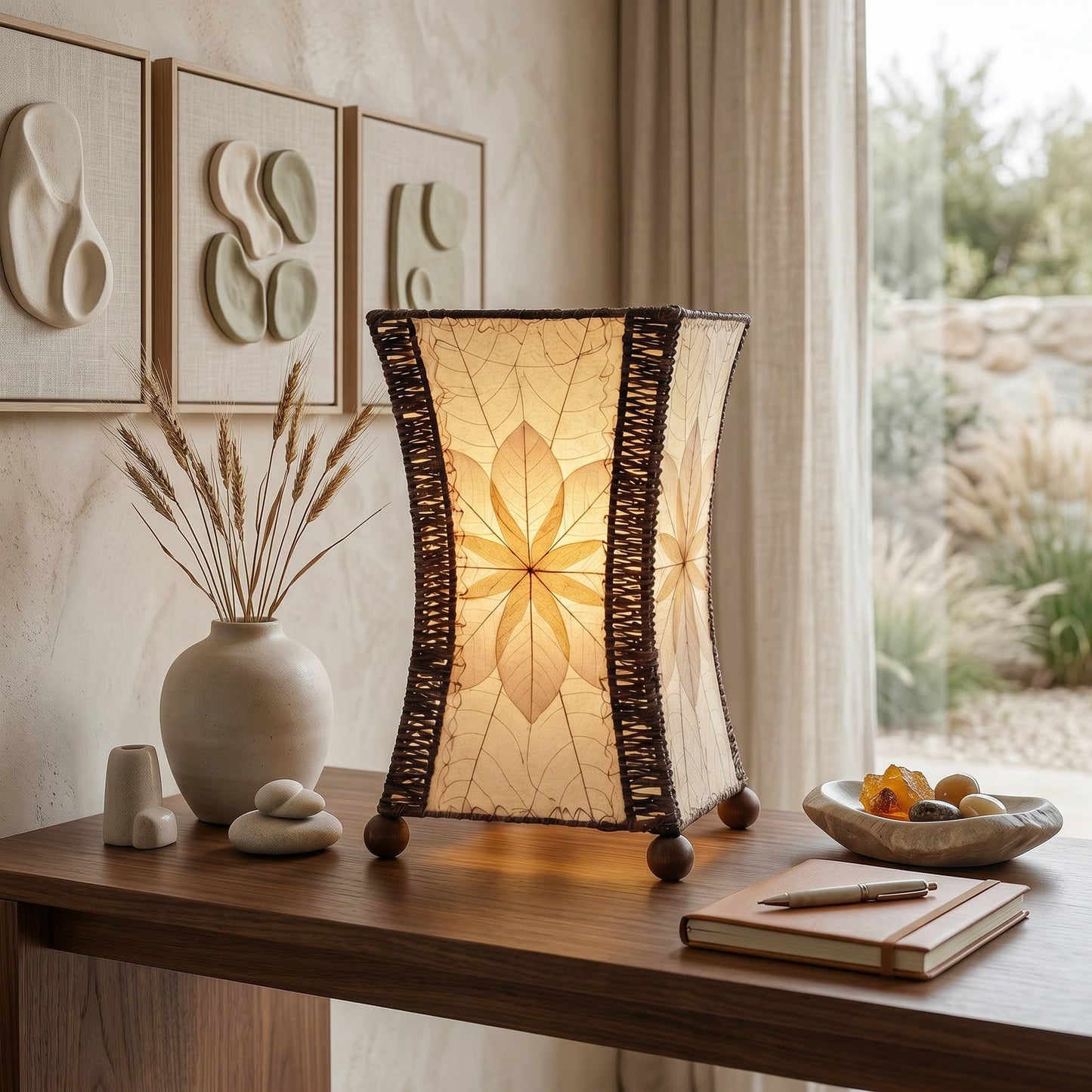 Hourglass Table Lamp Natural, Shade Made of Jackfruit Leaves