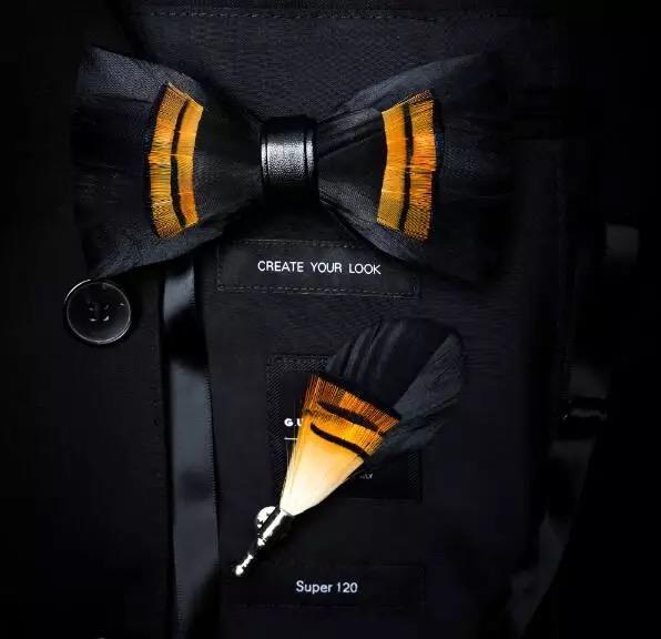 Feather Bow Tie and Lapel Pin Set, Choice of Colors