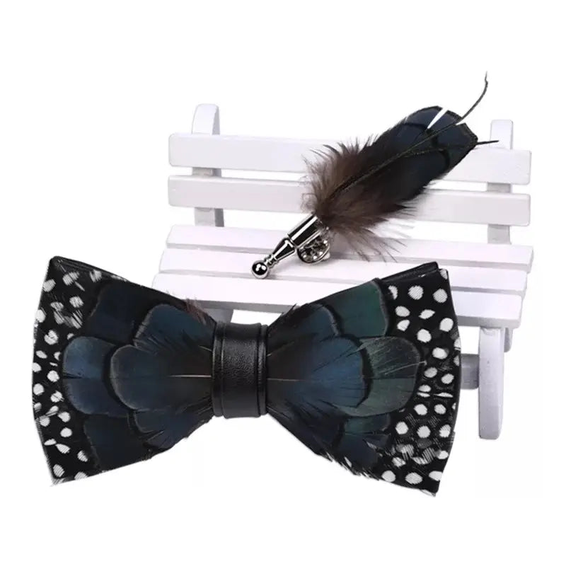 Feather Bow Tie and Lapel Pin Set, Choice of Colors