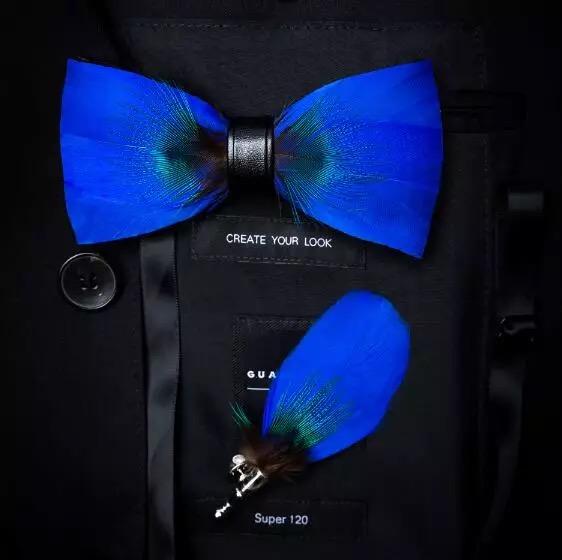 Feather Bow Tie and Lapel Pin Set, Choice of Colors