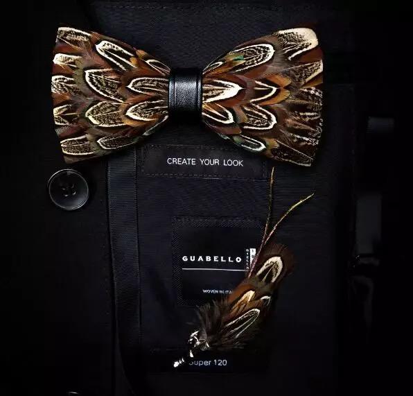 Feather Bow Tie and Lapel Pin Set, Choice of Colors