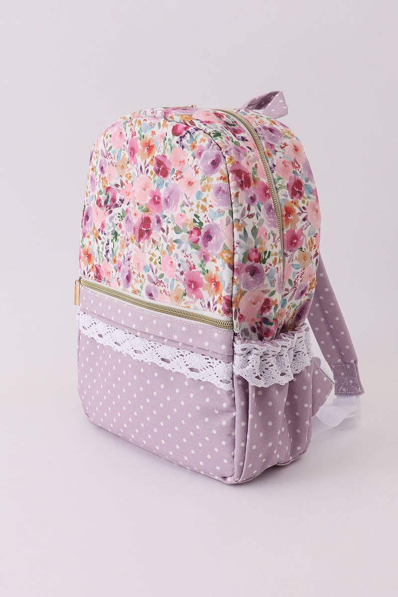 Purple floral print canvas ruffle backpack