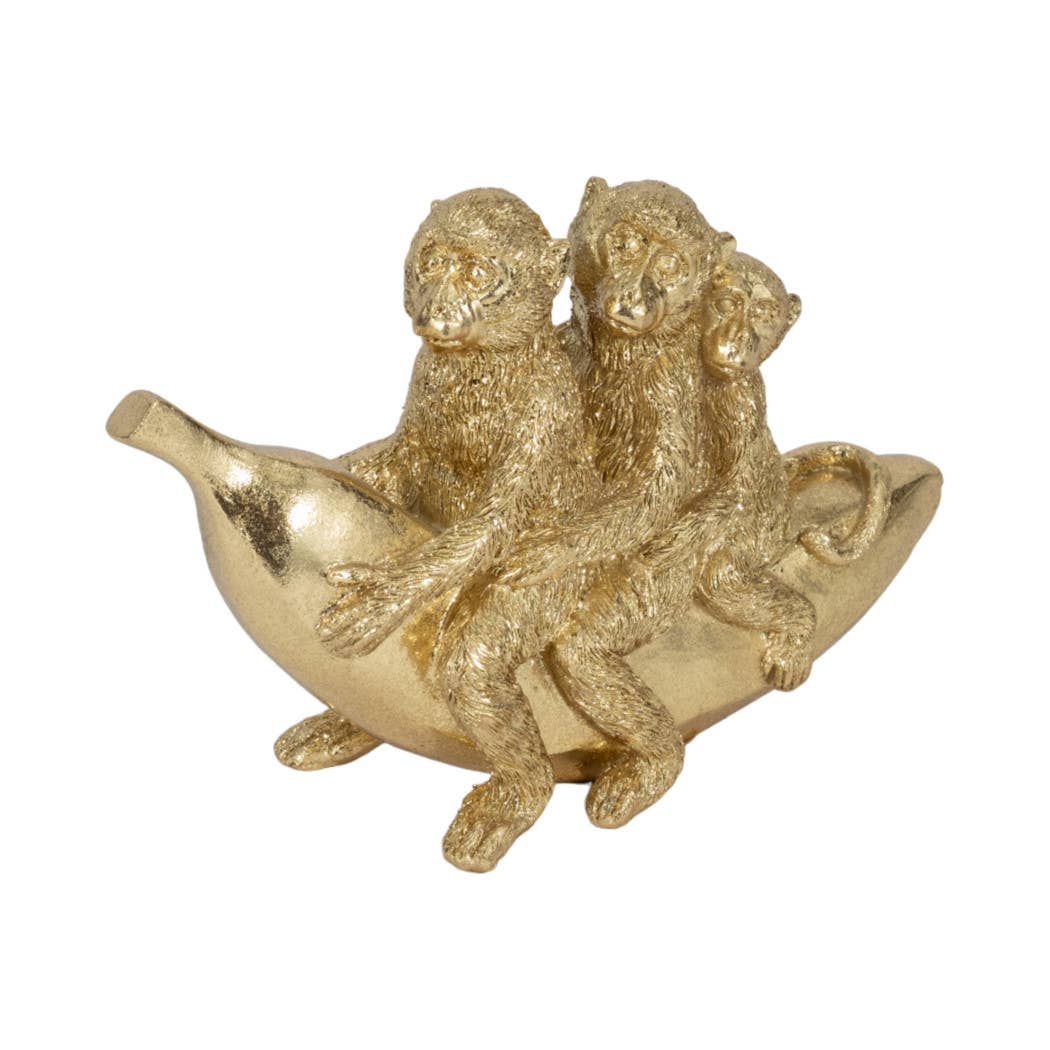 Figurine - Gold Resin Three Monkeys on Banan, 8 in.