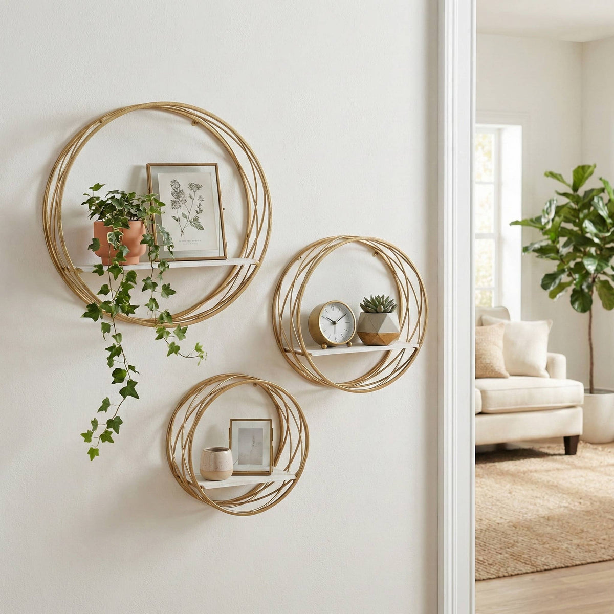 Wall Shelves White Metal Round Frame, set of 3