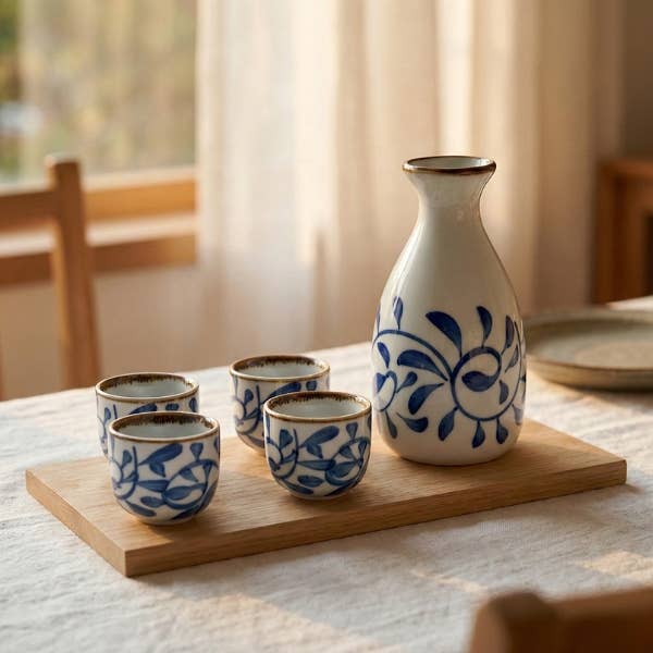 Porcelain Blue & White Black Sake Set