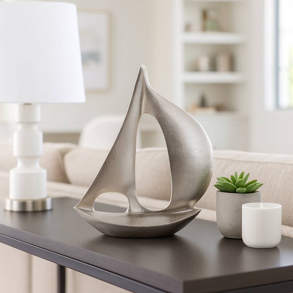 Decorative Sculpture - Silver Metal Modern Sailboat, 13 in.