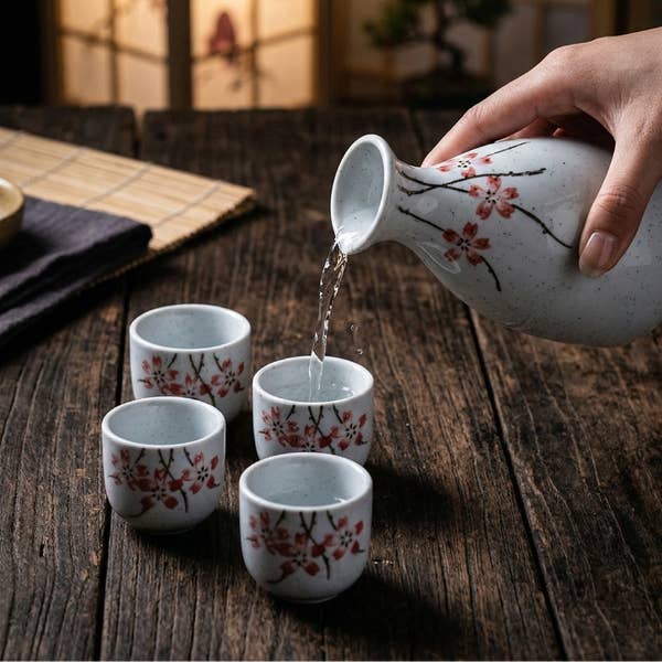 Porcelain Cherry Blossom Sake Set