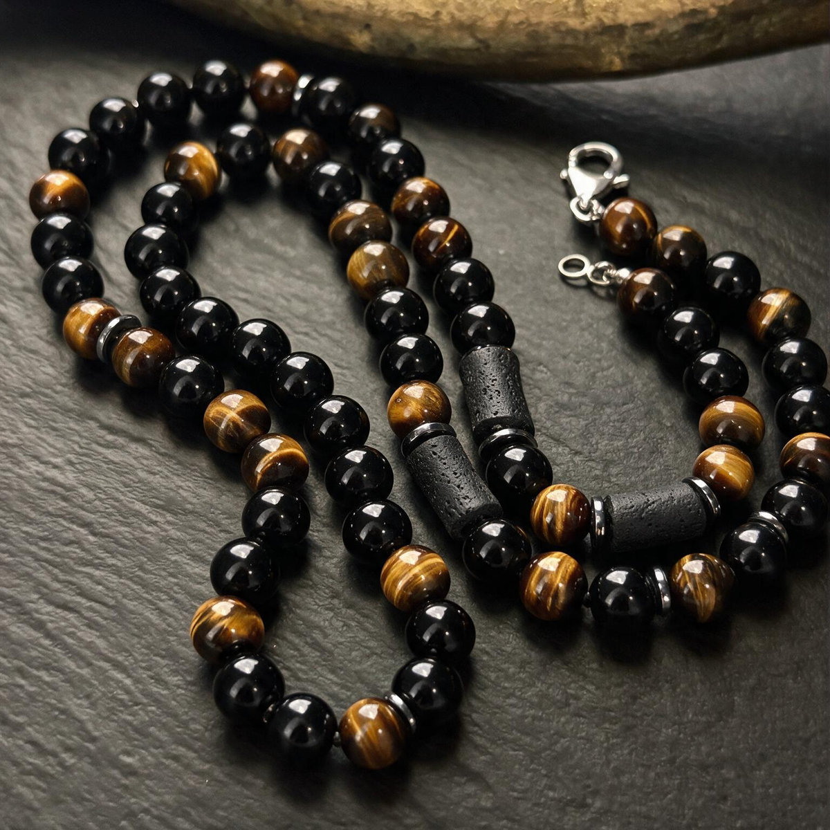 8mm Tiger Eye Volcano Stone Necklace | Friendship Birthday Gift for Men