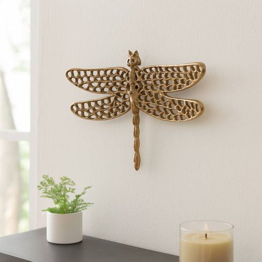Gold 10 in. Metal Novelty Dragonfly with Cut-Outs Figurine