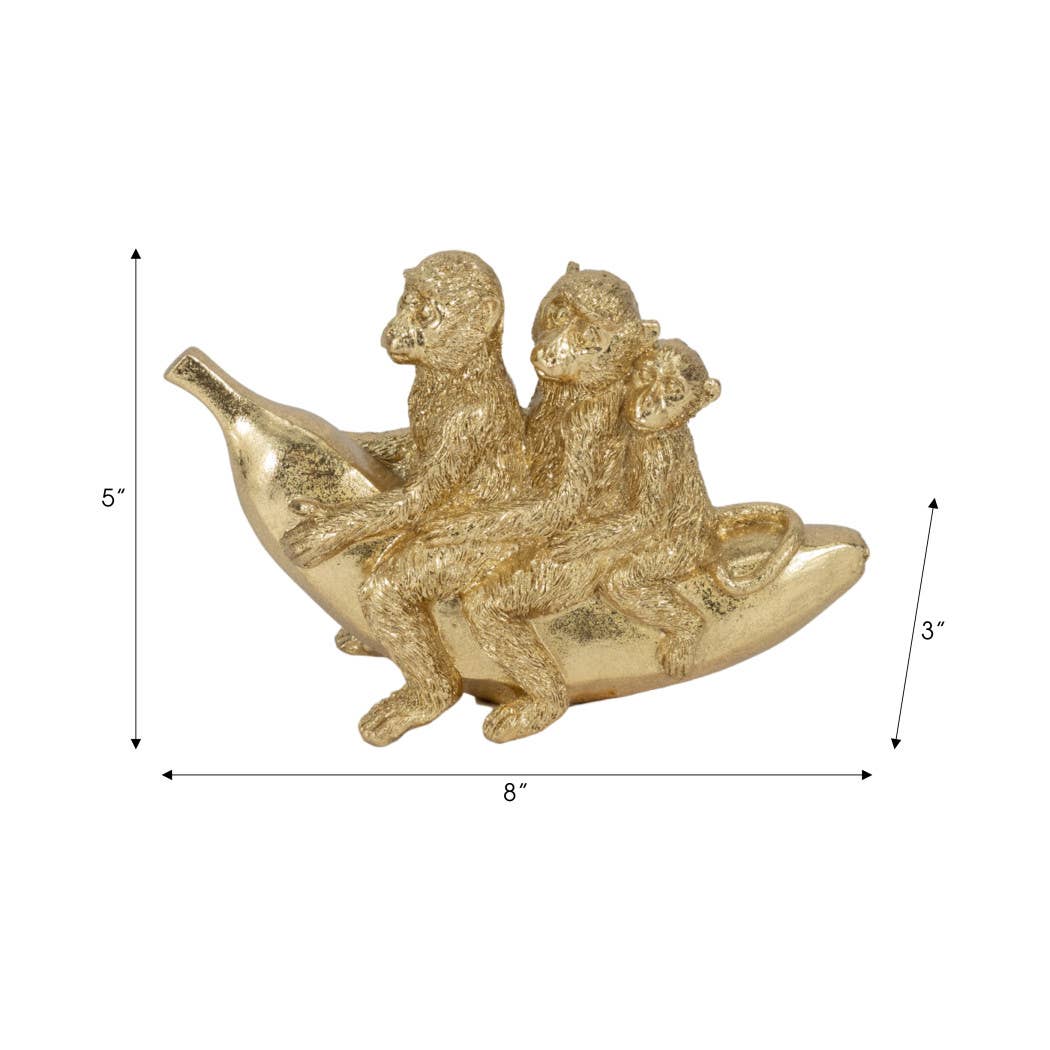 Figurine - Gold Resin Three Monkeys on Banan, 8 in.