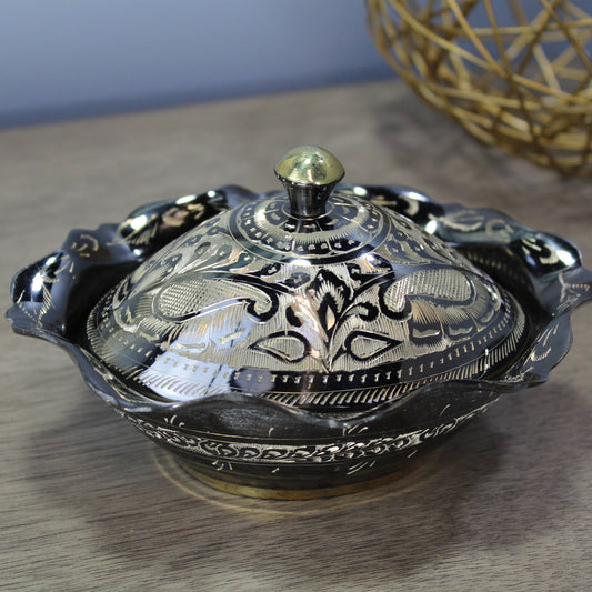 Decorative Black/Gold Brass Pot Oval Bowl with Lid