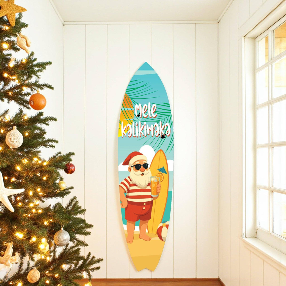 Mele Kalikimaka Christmas Santa Surfboard Wall Art