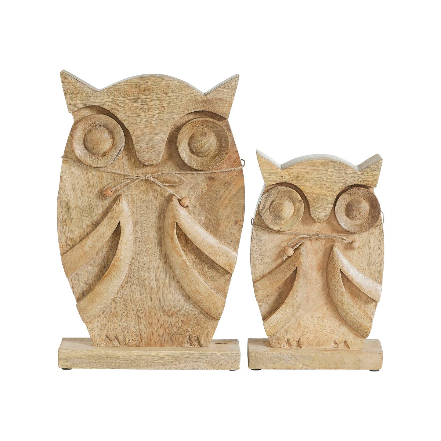 Carved Wood Owl Natural Figurine Set, 2-Piece Fall Decor