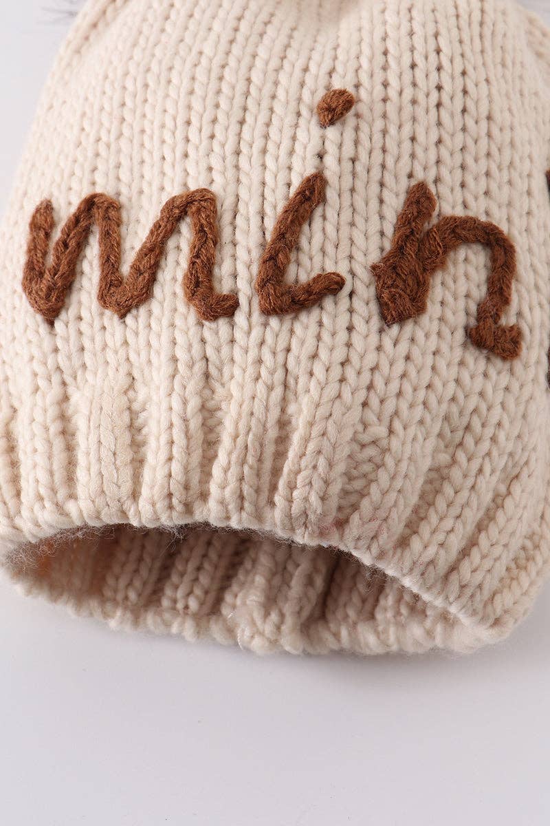 Hand embroidered pom pom beanie hat mama and mini set