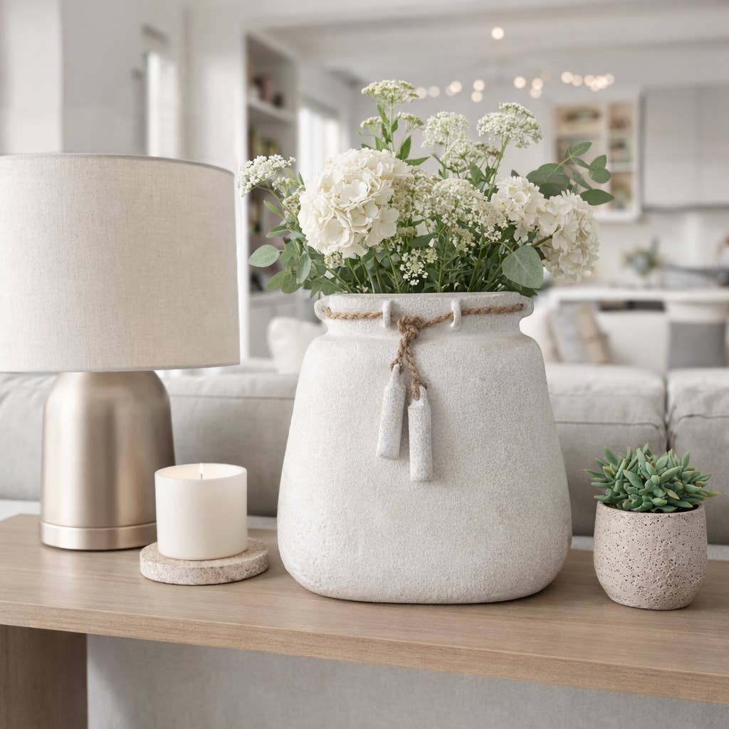 White Ceramic Wide Vase Woven with Jute