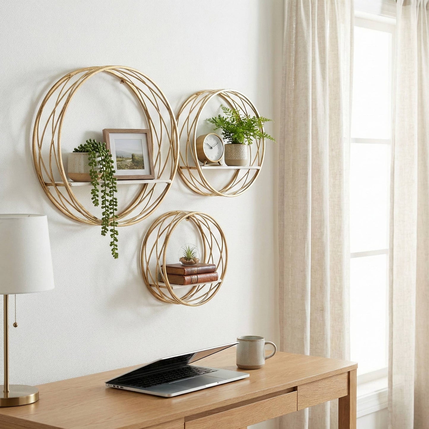 Wall Shelves White Metal Round Frame, set of 3