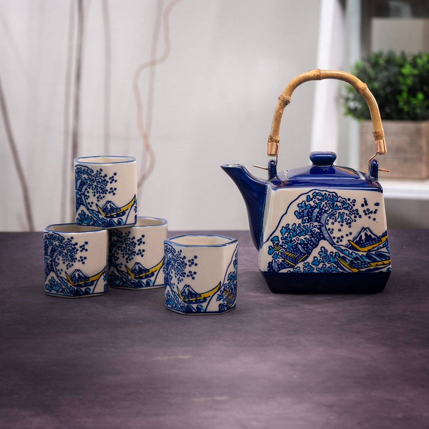 Great Wave Tea Set 20oz Tea Pot with 4 Hexagon Cups