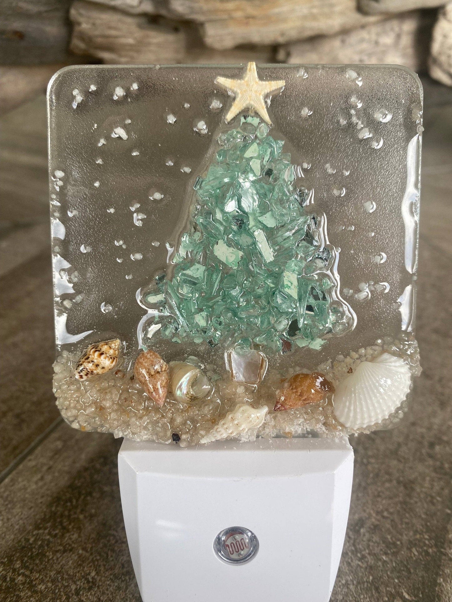 Coastal Christmas tree aqua night light with shells on the beach