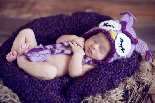 Purple sleeping owl crocheted hat