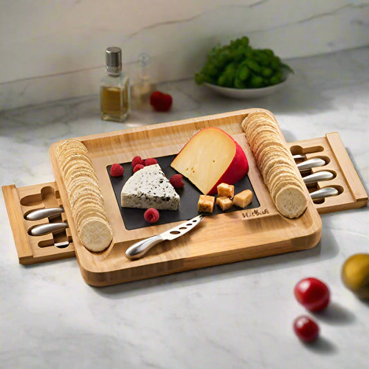Wooden cheese board set with cheese, crackers, and utensils on a white background